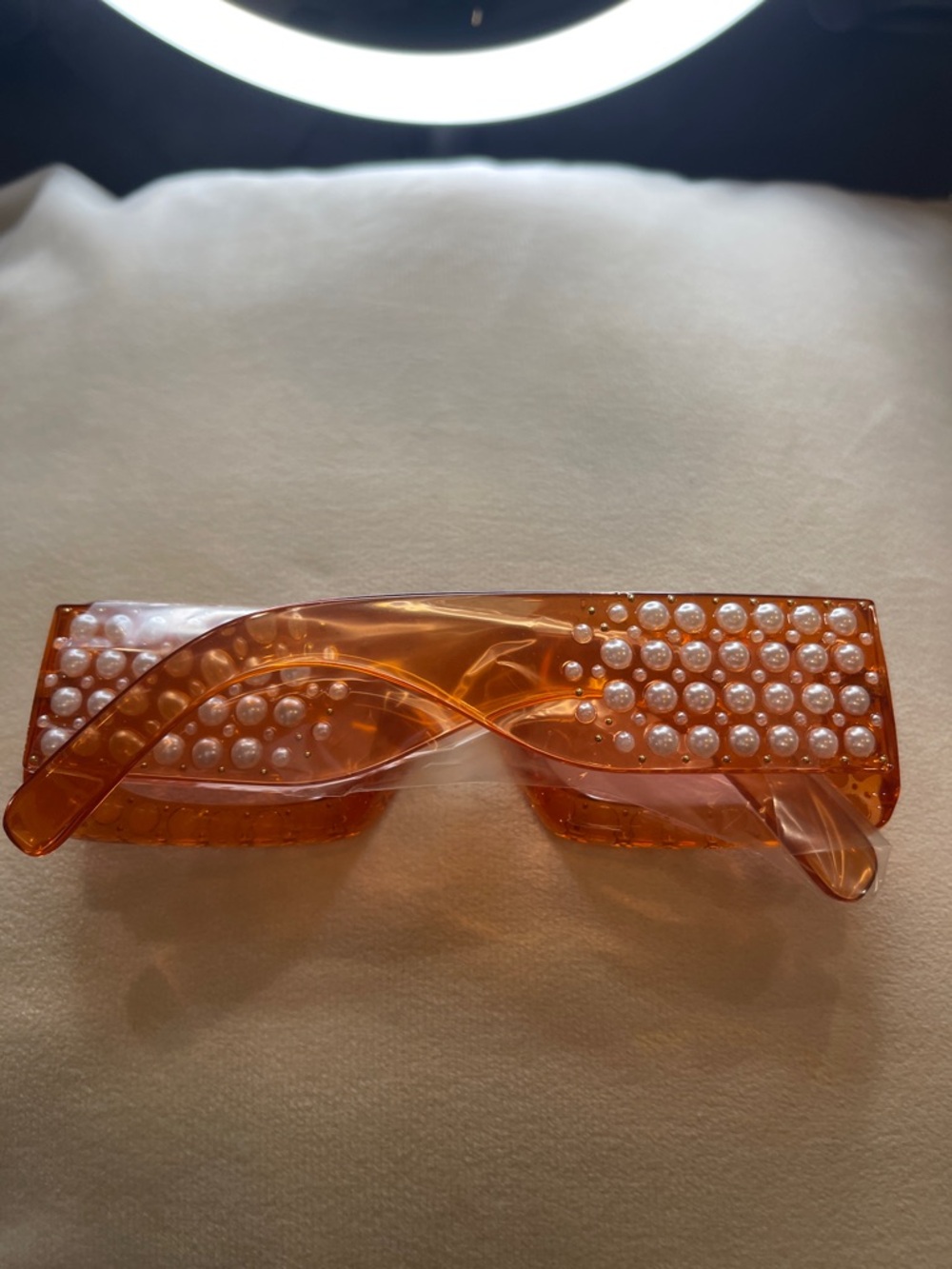 Pearl-Trim Orange Rectangular Fashion Sunglasses - Picture 2 of 2